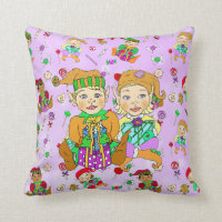 Festive  Elves and Christmas Candy Whimsical Throw Pillow