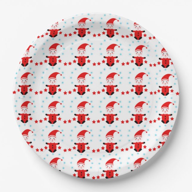 Festive elves and stars pattern paper plates (Front)