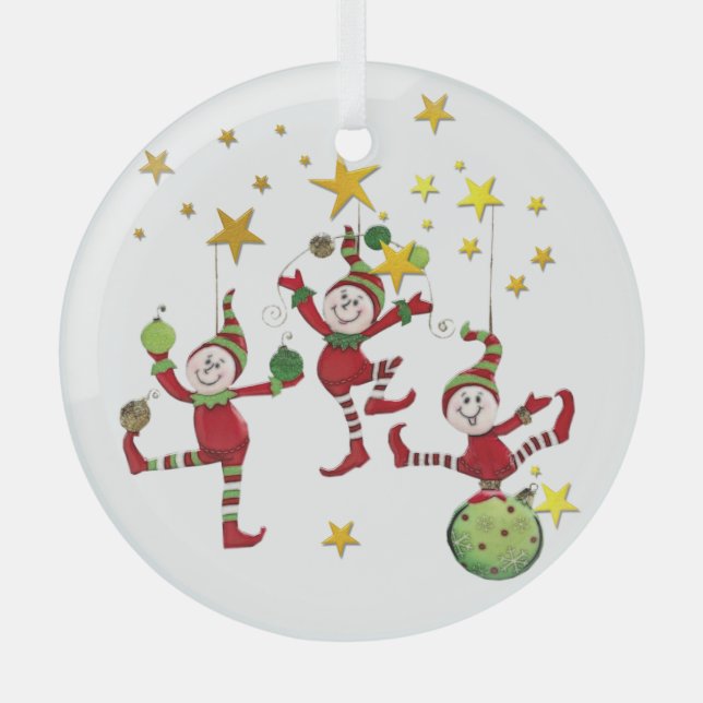 Festive Elves Christmas Glass Ornament (Front)