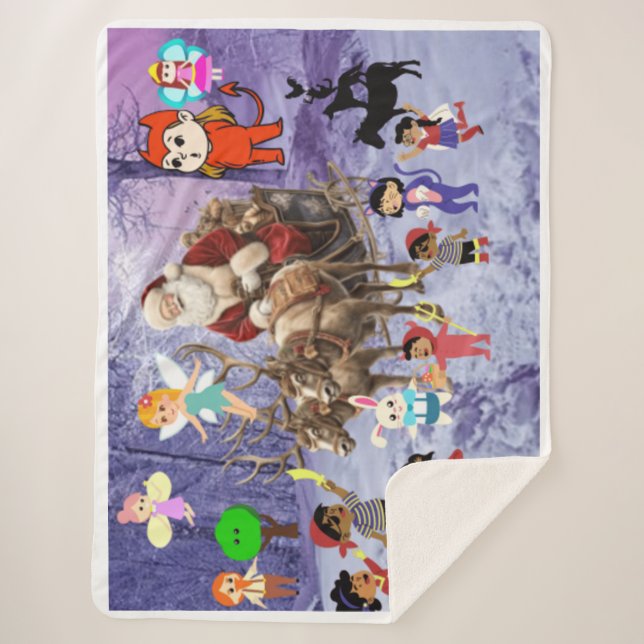 Festive Enchanting Snowy Christmas and Santa Claus Sherpa Blanket (Front)