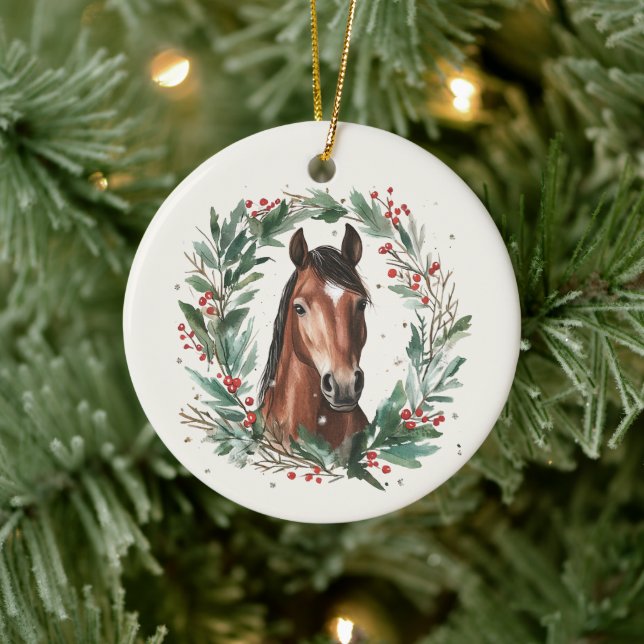 Festive Equestrian Horse Wreath Merry Christmas Ceramic Ornament (Tree)