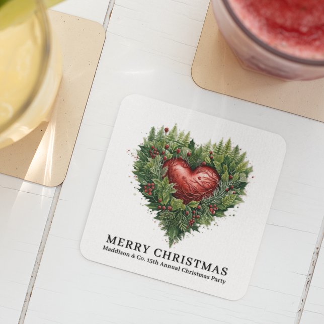 Festive Evergreen Heart Square Paper Coaster (Creator Uploaded)