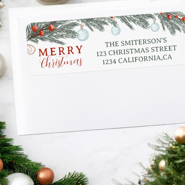 Festive Evergreen Red Berries Watercolor Christmas Label (Festive Evergreen Red Berries Watercolor Christmas Label)