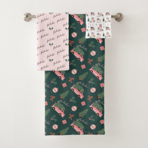 Festive Fala Christmas Tree Vintage Pink Retro Van Bath Towel Set