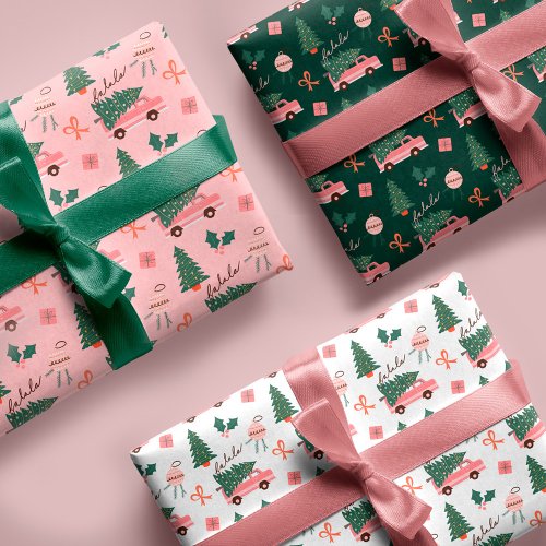 Festive Fala Christmas Tree Vintage Pink Retro Van Wrapping Paper Sheets