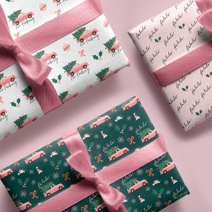 Festive Fala Christmas Tree Vintage Pink Truck Wrapping Paper Sheets