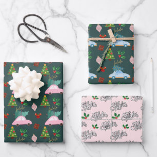 Festive Falala Christmas Tree Vintage Pink Retro Wrapping Paper Sheets