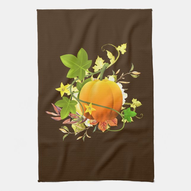 Festive Fall Leaves with Pumpkin Seasonal Decor Kitchen Towel (Vertical)