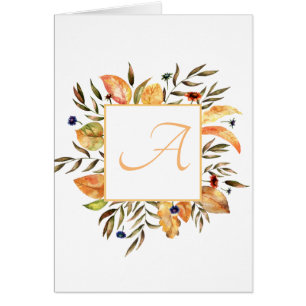 Festive Fall Leaves Wreath Script Monogram  Cards