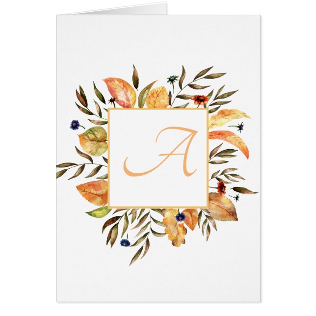 Festive Fall Leaves Wreath Script Monogram  Cards (Front)