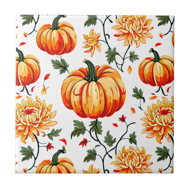 Festive Fall Pumpkins and Chrysanthemums Ceramic Tile (Front)