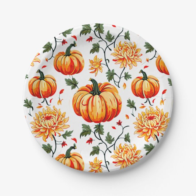 Festive Fall Pumpkins and Chrysanthemums Paper Plates (Front)