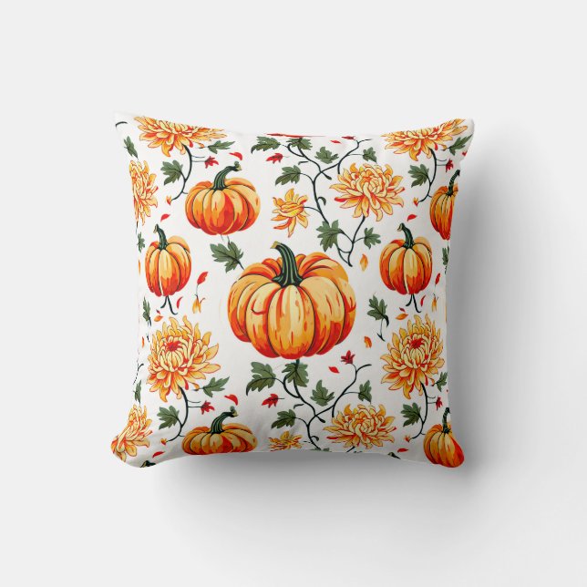Festive Fall Pumpkins and Chrysanthemums Throw Pillow (Front)