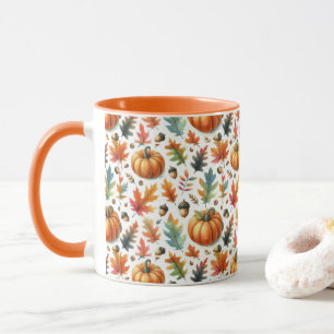 Festive Fall Pumpkins and Leaves on White Mug