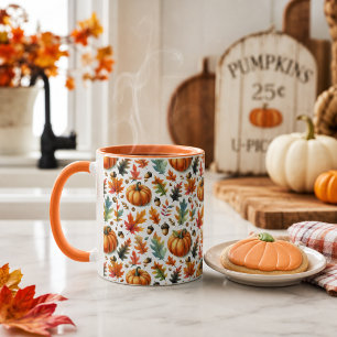 Festive Fall Pumpkins and Leaves on White Mug