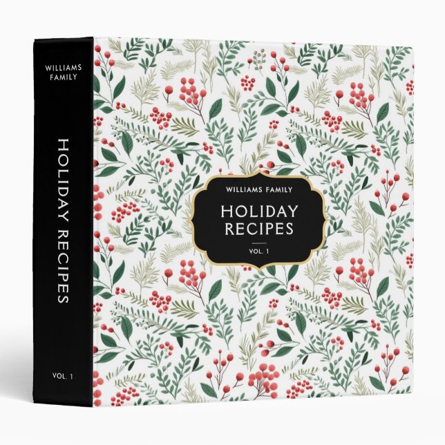 Festive Family Name Holly Berries Holiday Recipes 3 Ring Binder (Front/Spine)