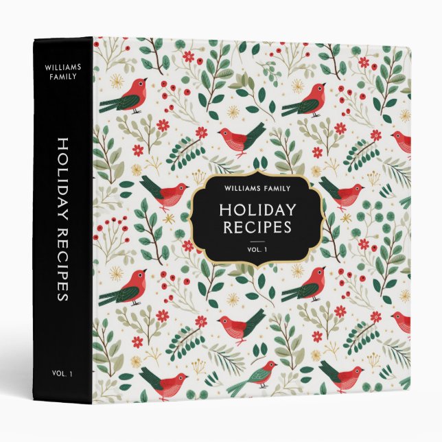 Festive Family Name Holly Birds Holiday Recipes 3 Ring Binder (Front/Spine)