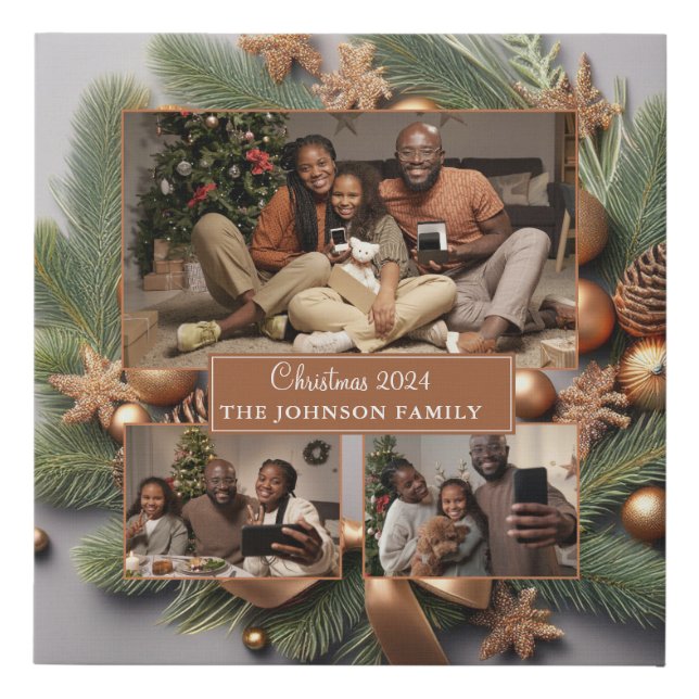 Festive Family Photo Gold Ribbon Evergreen Faux Canvas Print (Front)