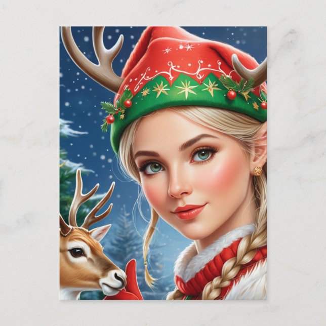 Festive Fantasy blond woman and deer Christmas Postcard (Front)