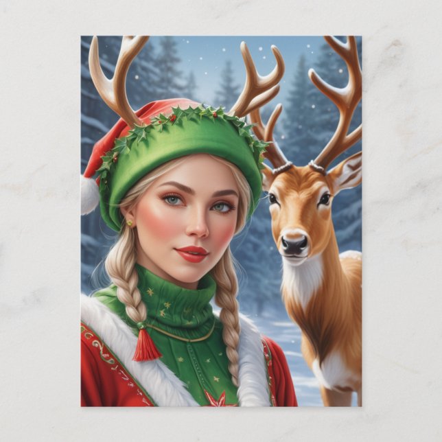 Festive Fantasy blond woman and deer Christmas Postcard (Front)