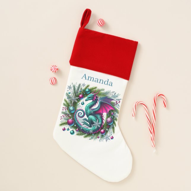 Festive fantasy dragon add name christmas stocking (Front)