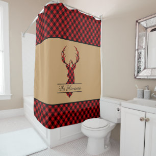 Festive Farmhouse Buffalo Plaid Deer Personalized Shower Curtain