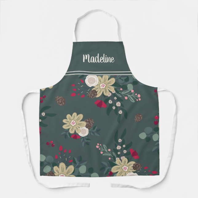Festive Farmhouse Florals Personalized Christmas Apron (Front)