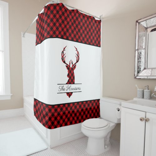 Festive Farmhouse Red Plaid Deer Personalized Shower Curtain