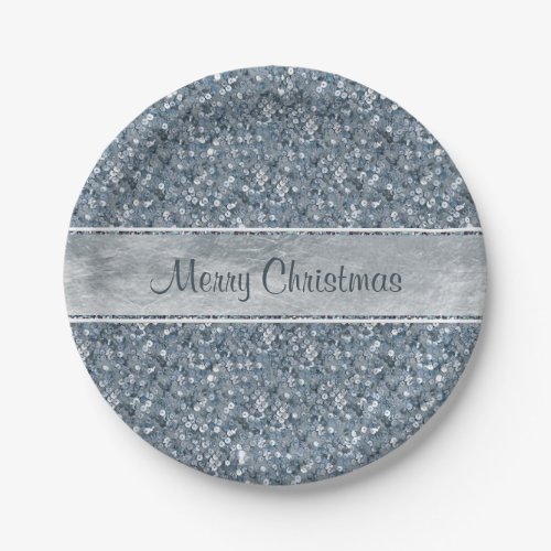 Festive Faux Blue Sequins Silver Foil Glitter Paper Plates