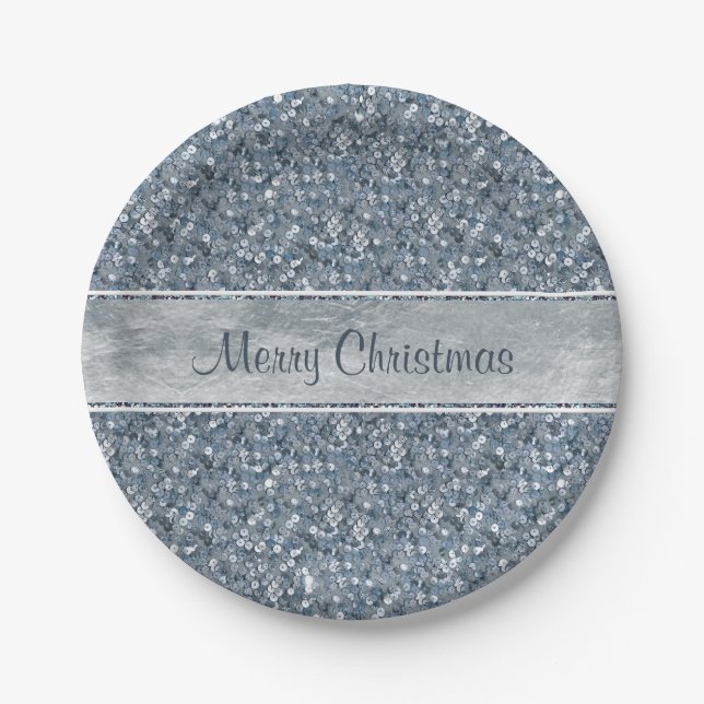 Festive Faux Blue Sequins Silver Foil Glitter Paper Plates (Front)