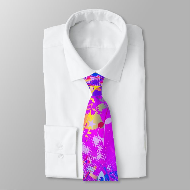 Festive Faux Neon Paint Splatter with Music Notes Neck Tie (Tied)