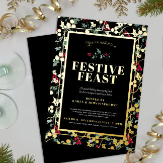 Festive Feast black gold berries Christmas dinner Foil Invitation