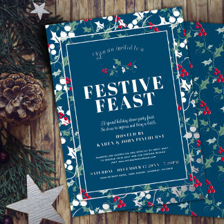 Festive Feast blue red berries Christmas dinner Foil Invitation