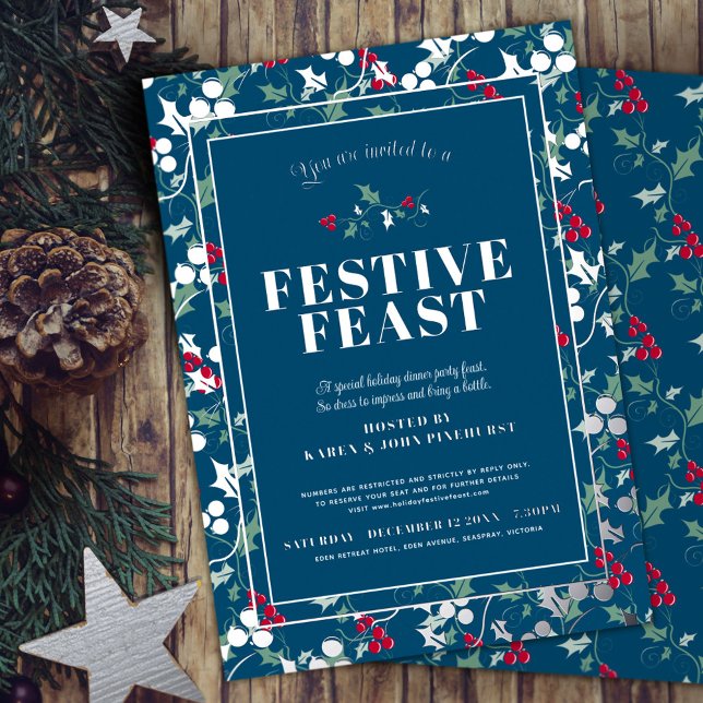 Festive Feast blue red berries Christmas dinner Foil Invitation (Creator Uploaded)
