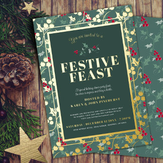 Festive Feast green gold berries Christmas dinner Foil Invitation