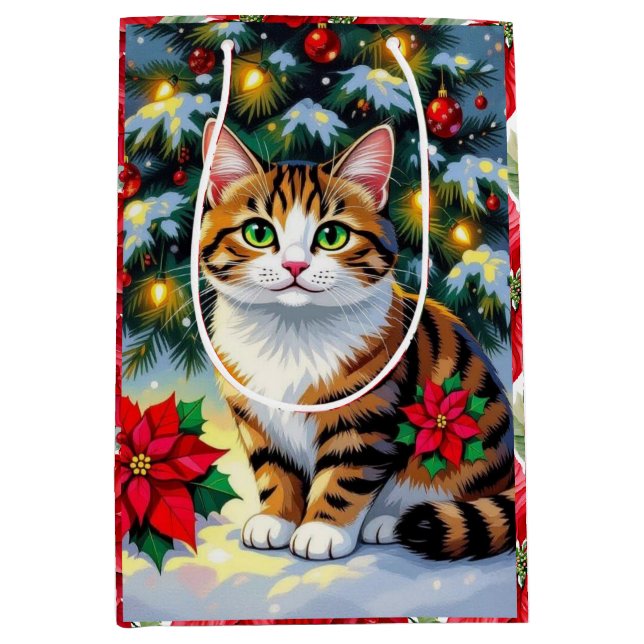 Festive Feline | Cute Christmas Cat Medium Gift Bag (Front)