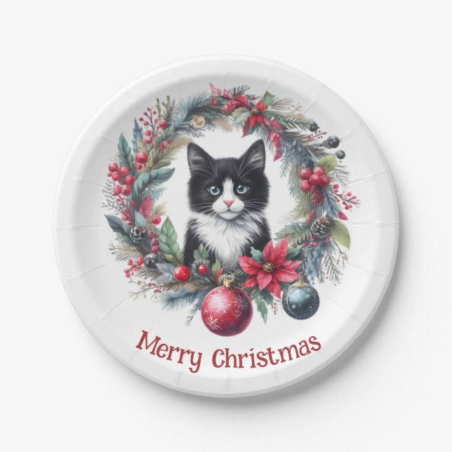 Festive Feline in a Holiday Wreath 6 -  Paper Plates (Front)