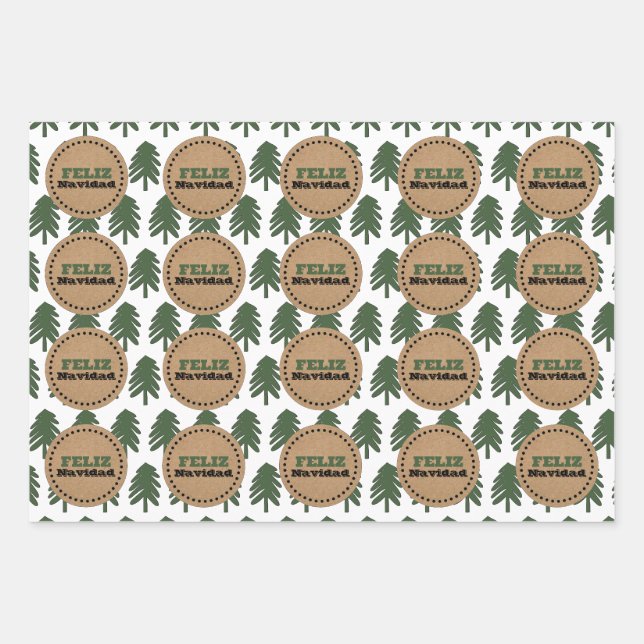 Festive FELIZ NAVIDAD Christmas Tree Wrapping Paper Sheets (Front)