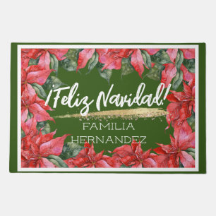 Festive Feliz Navidad Family Name Poinsettia Doormat