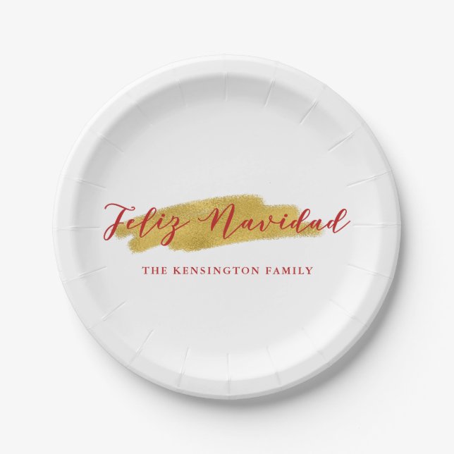 Festive Feliz Navidad Gold Foil Brush Christmas Paper Plates (Front)