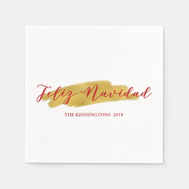 Festive Feliz Navidad Gold Foil Brush Stroke Napkins (Front)