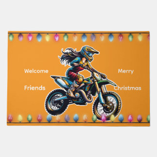 : Festive Female Motocross Welcome Christmas Doorm Doormat
