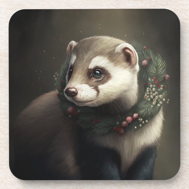 Festive Ferret Winter Holidays/Christmas Coasters (Front)