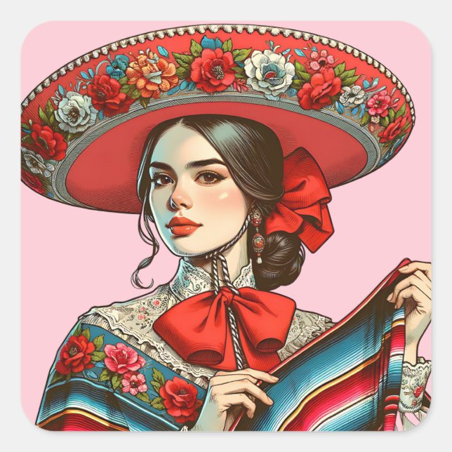 Festive Fiesta Mujer Mariachi Party Favor Square Sticker (Front)