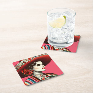 Festive Fiesta Vintage Mexican Woman Party Favor Square Paper Coaster