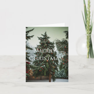 Festive fir trees decorated with garlands  holiday card