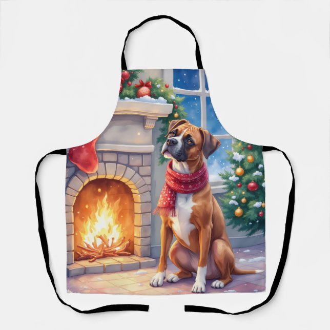 Festive Fireplace Boxer Christmas Art Apron (Front)