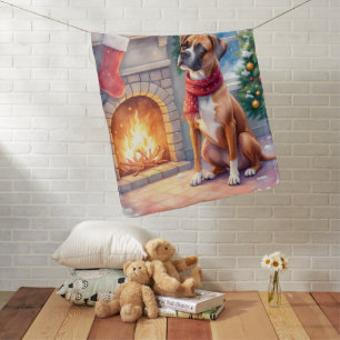 Festive Fireplace Boxer Christmas Art Baby Blanket