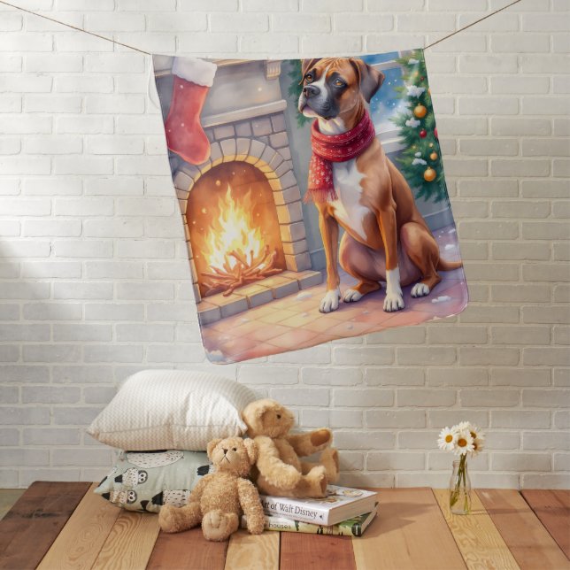 Festive Fireplace Boxer Christmas Art Baby Blanket (In Situ)