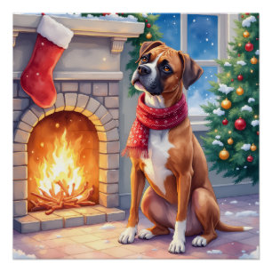 Festive Fireplace Boxer Christmas Art Poster